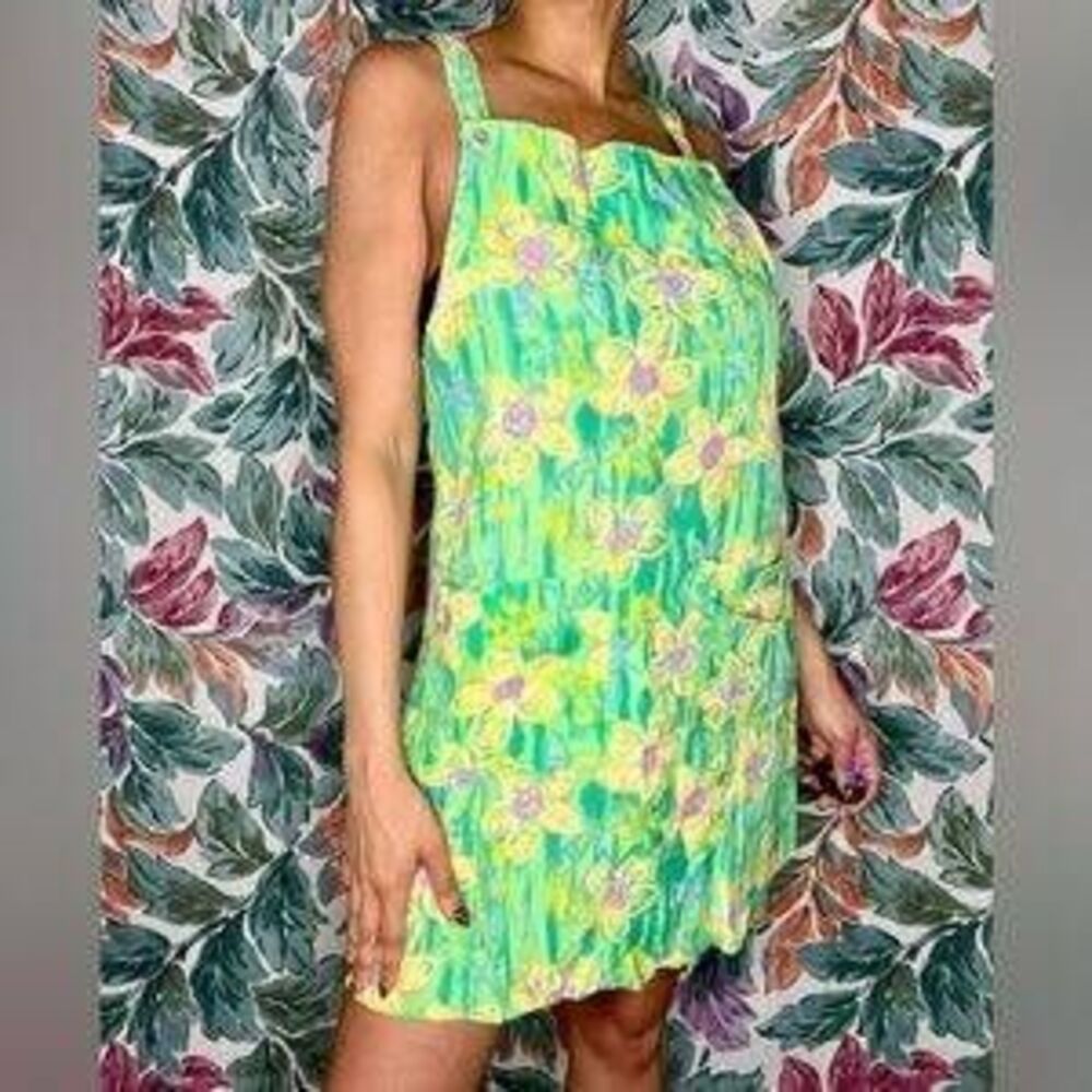 Big Hed Vintage 90s Green Floral Overall Jumper Skirt Dress Medium Retro Boho